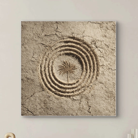 Detail van het kunstwerk Woestijncirkel met palmboom in zandkleurige cirkels en aardse textuur.
