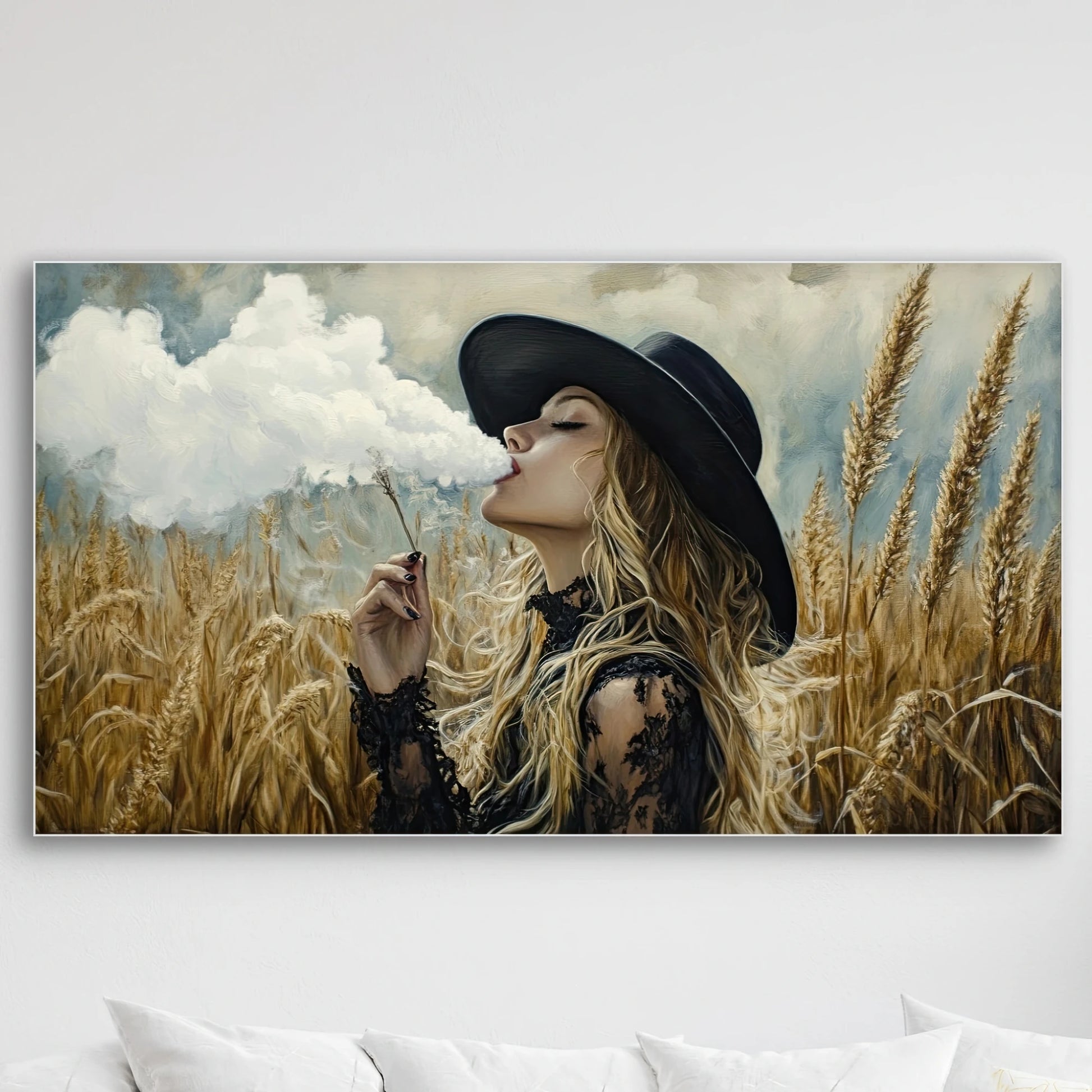 Detail van Wolkendroom met vrouw in zwarte hoed, korenveld en zwevende wolk
