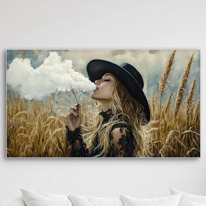 Detail van Wolkendroom met vrouw in zwarte hoed, korenveld en zwevende wolk
