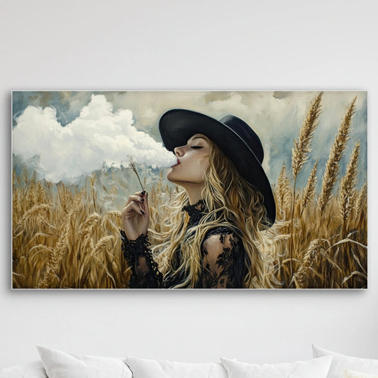 Detail van Wolkendroom met vrouw in zwarte hoed, korenveld en zwevende wolk
