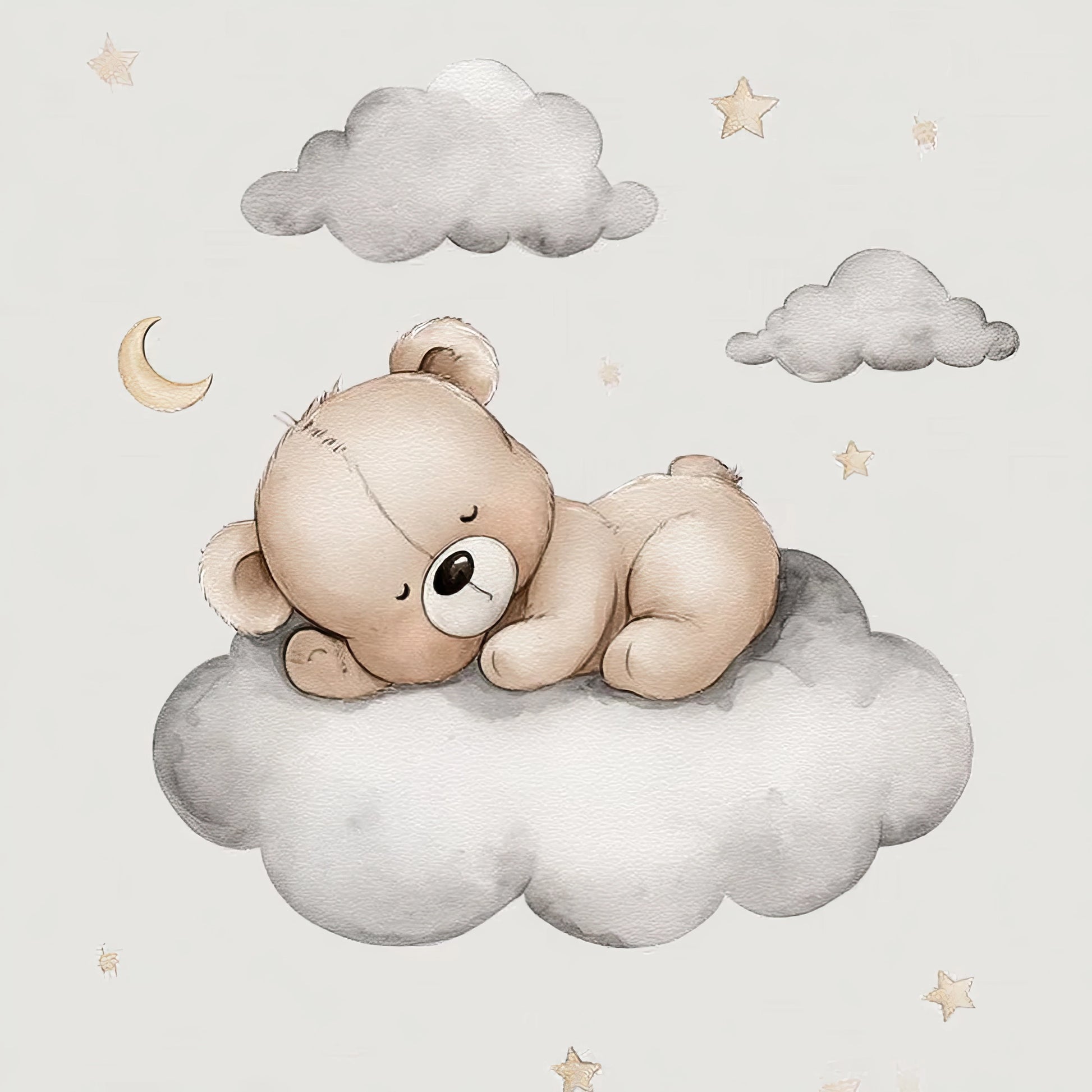 Illustratie van slapend beertje op een grijze wolk, omringd door sterren, maan en wolken  
