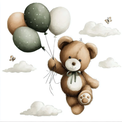 Illustratie van beertje in de lucht met ballonnen, wolken en vlinders eromheen  
