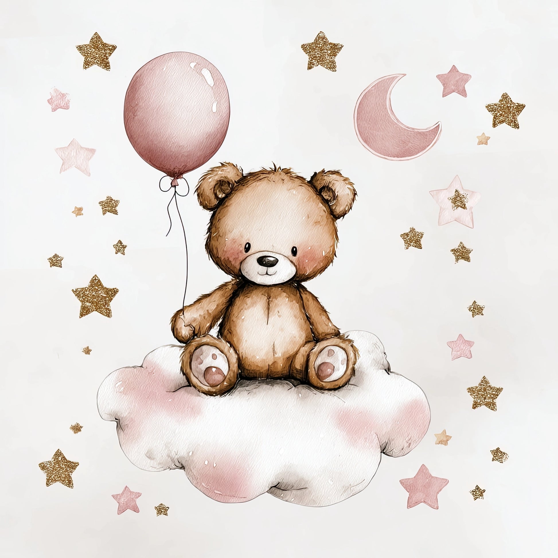 Illustratie van beertje op roze wolk met ballon, omringd door gouden sterren en roze manen  
