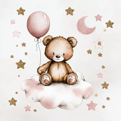 Illustratie van beertje op roze wolk met ballon, omringd door gouden sterren en roze manen  
