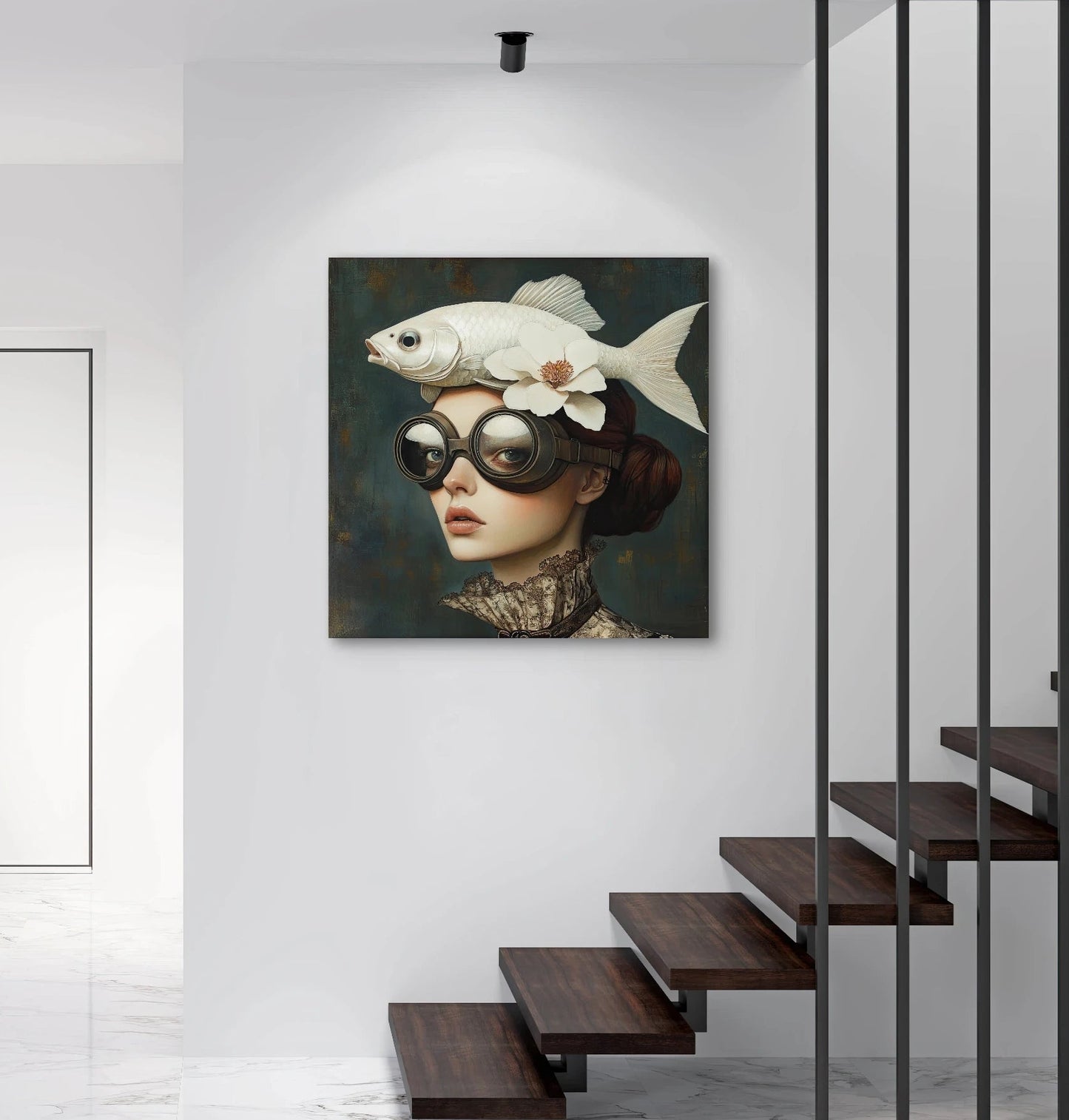 Textielkunstwerk Wonderlijke Koers boven trap in modern interieur met witte muren en marmeren vloer
