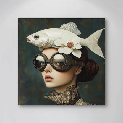 Detail van Wonderlijke Koers met vrouw, bril en witte vis met bloem op het hoofd
