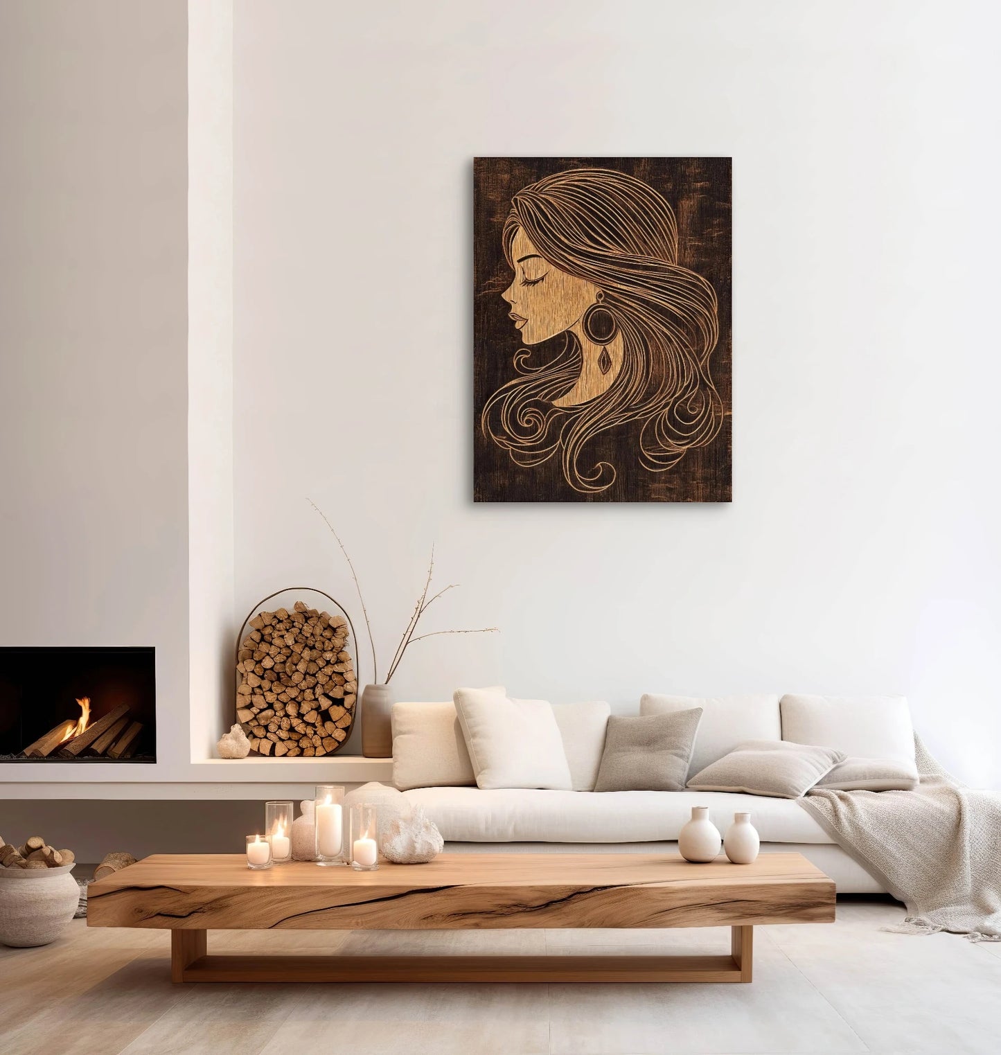 Textielkunstwerk Wooden Grace boven lichtgekleurde bank en houten salontafel in rustiek interieur
