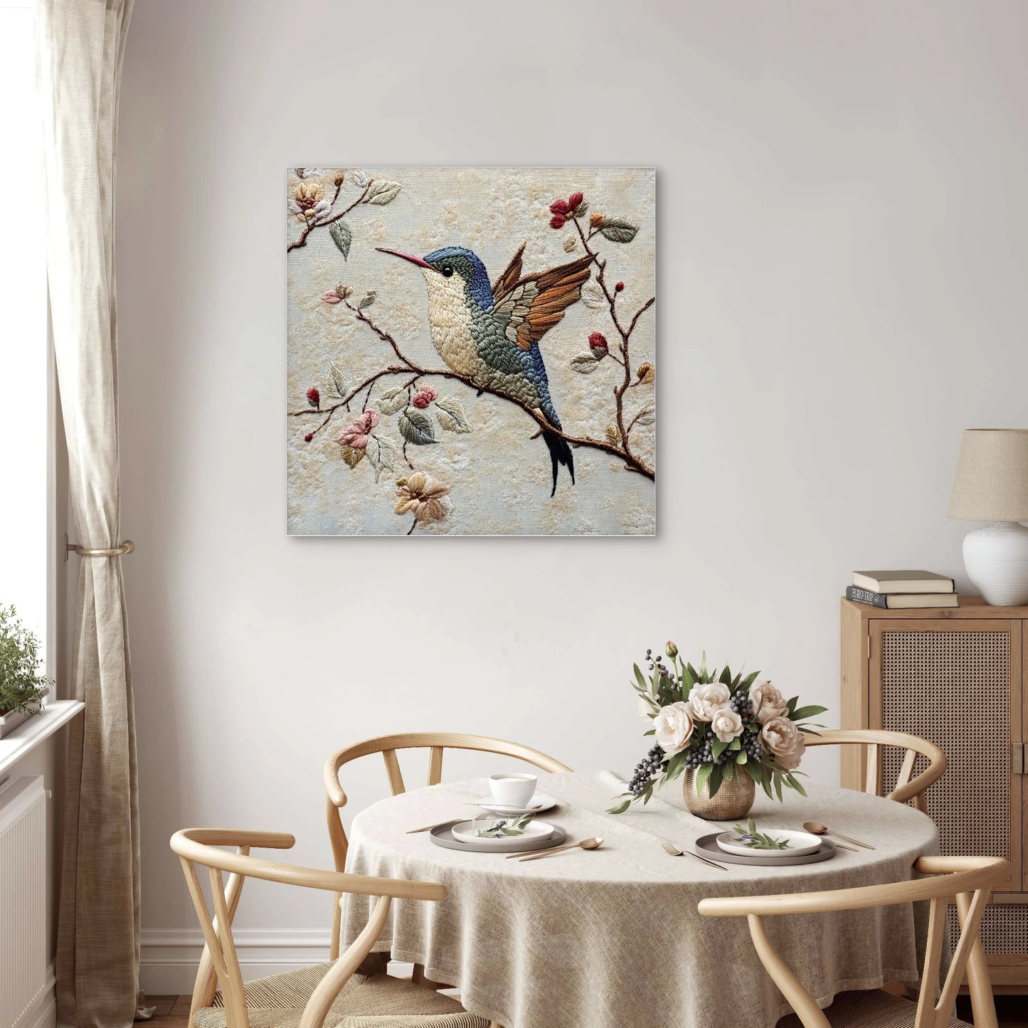 Wandkunst met geborduurde kolibrie op tak in licht interieur met ronde tafel en bloemen
