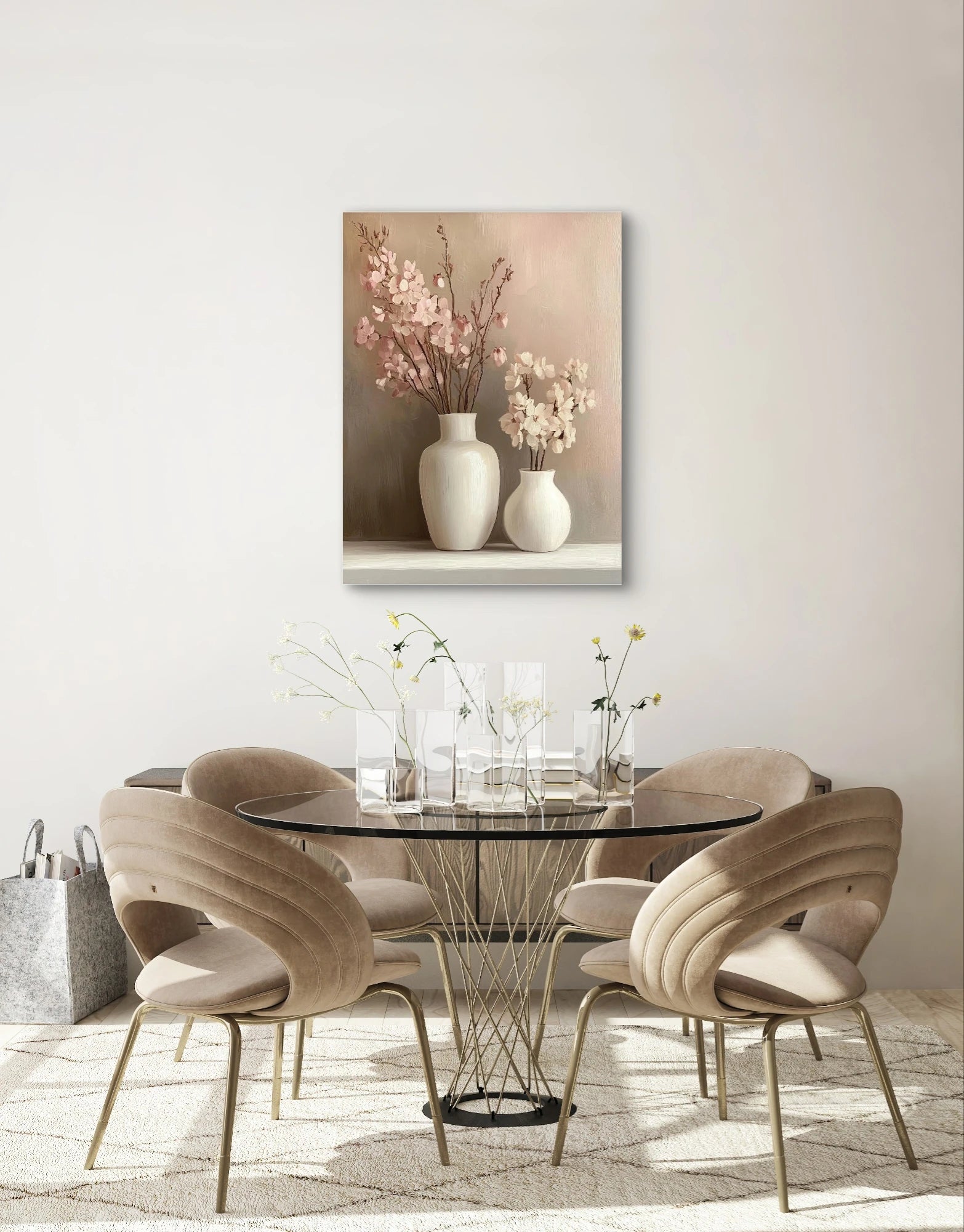Kunstwerk “Zacht Moment” boven een ronde glazen eettafel met beige fluwelen stoelen in een lichte, elegante eetkamer
