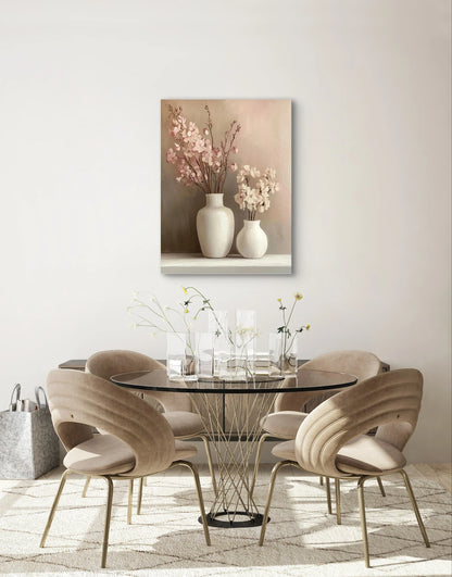 Kunstwerk “Zacht Moment” boven een ronde glazen eettafel met beige fluwelen stoelen in een lichte, elegante eetkamer
