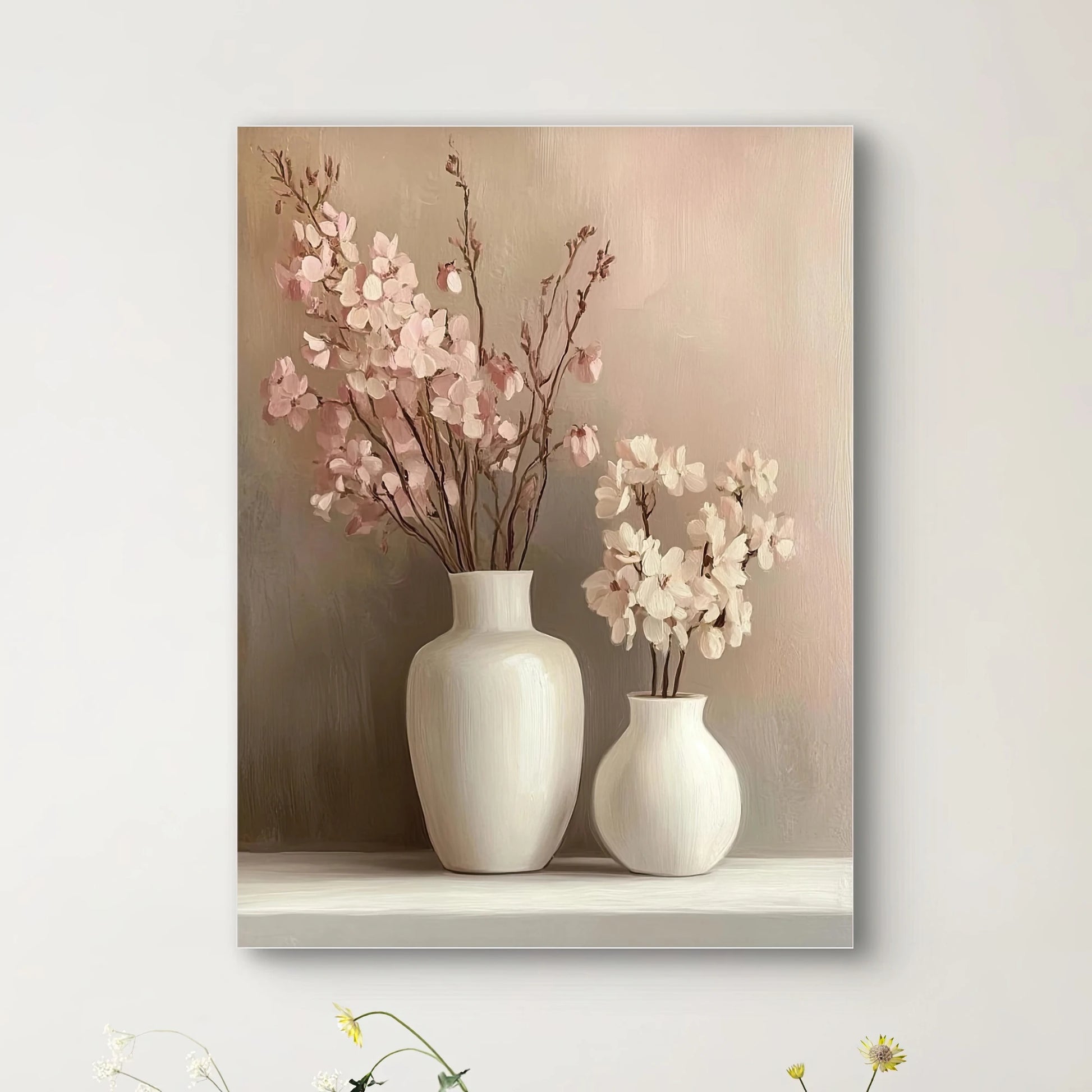 Detail van twee witte vazen met bloesemtakken in zachte tinten uit het kunstwerk “Zacht Moment”
