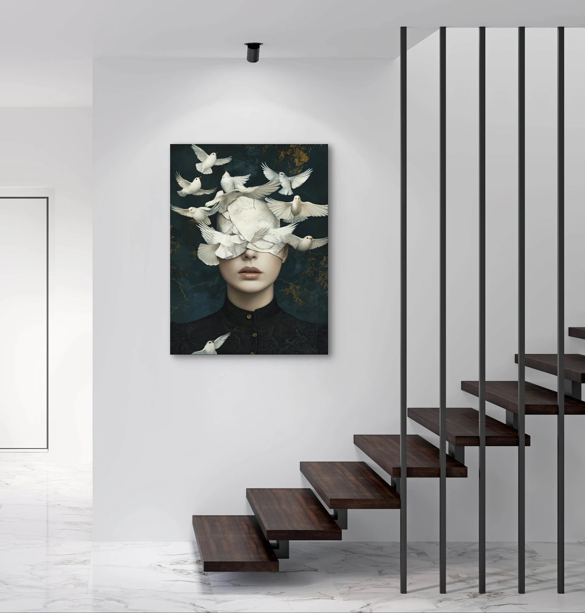 Textielkunstwerk Zacht als Vleugels in moderne hal boven zwevende trap met marmeren vloer
