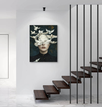 Textielkunstwerk Zacht als Vleugels in moderne hal boven zwevende trap met marmeren vloer
