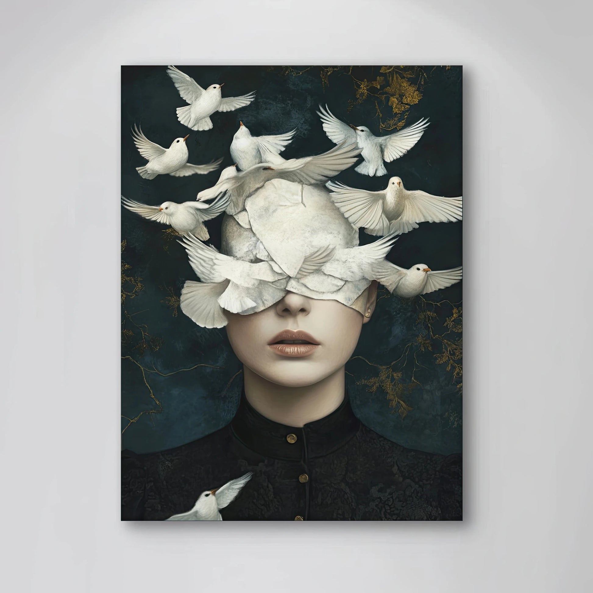 Detail van Zacht als Vleugels met witte duiven die het gezicht van een vrouw bedekken
