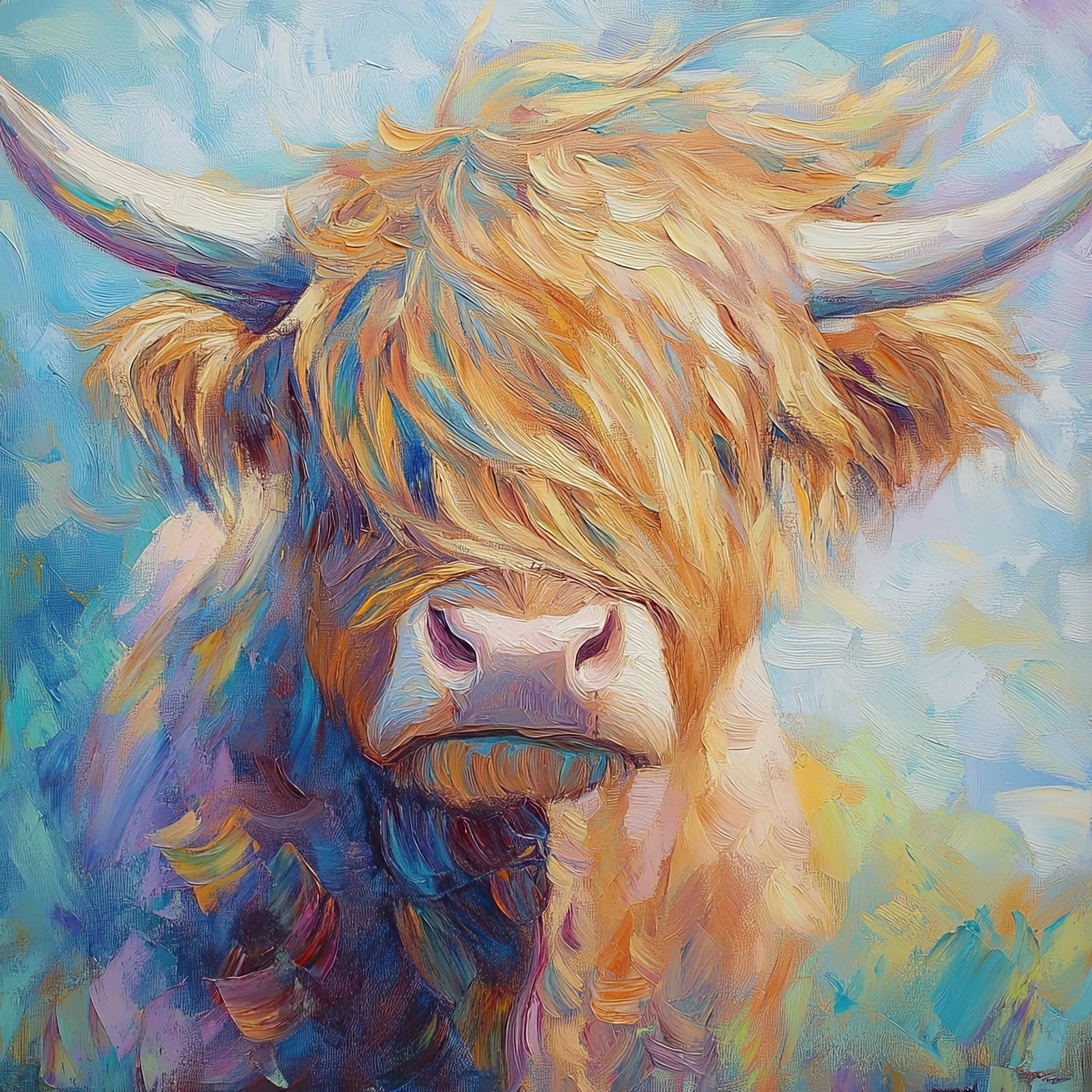 Kunstwerk van Schotse hooglander in oranje, paars en blauw met levendige penseelstreken
