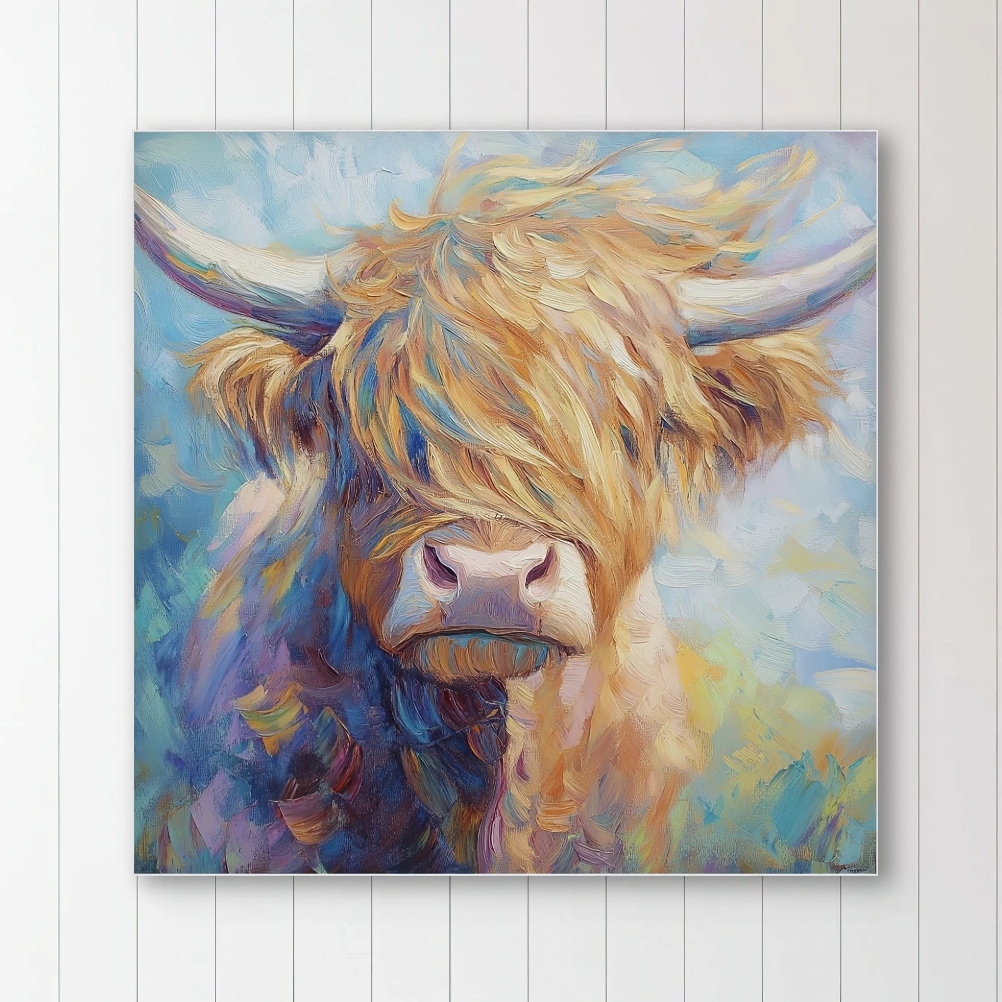 Detail van geschilderde hooglander met lange lokken en pastelkleuren op expressieve achtergrond
