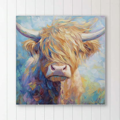 Detail van geschilderde hooglander met lange lokken en pastelkleuren op expressieve achtergrond
