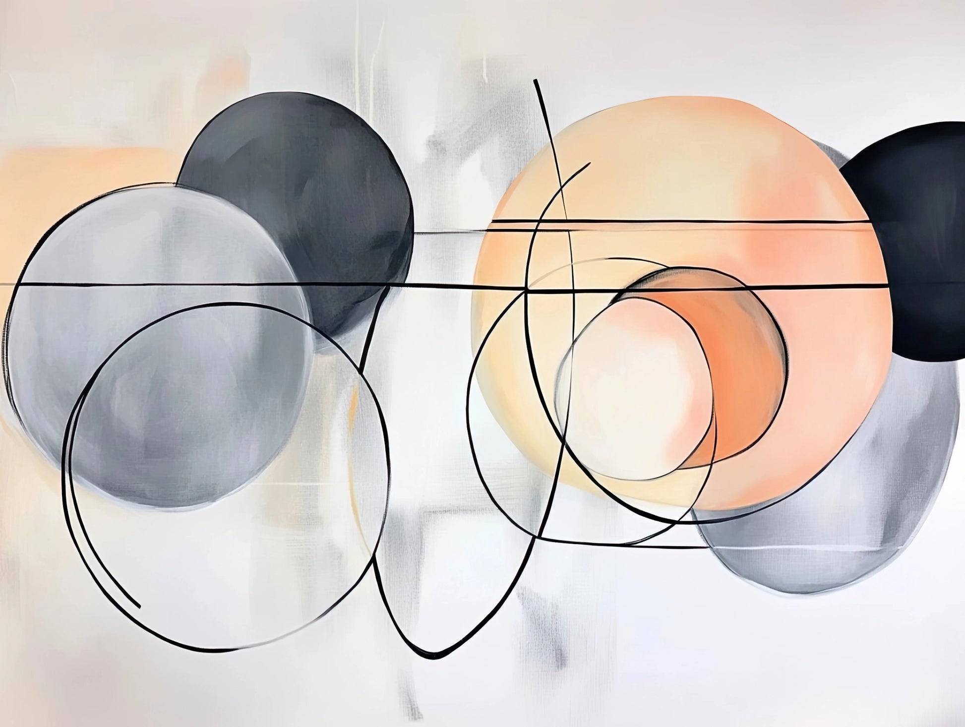 Abstract kunstwerk met overlappende cirkels en lijnen in zachte perziktinten, grijs en wit
