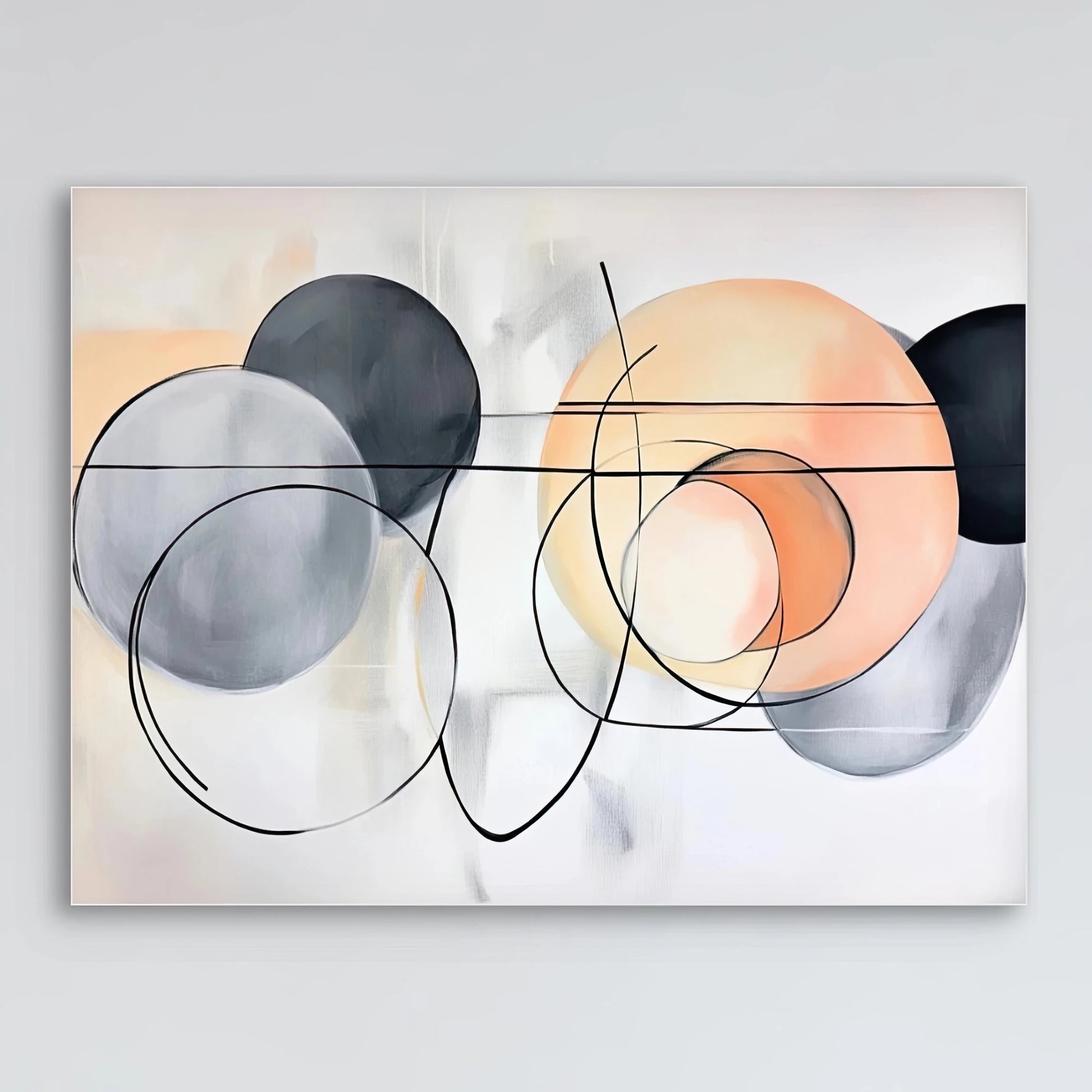 Detail van transparante cirkels in perzik, grijs en zwart met fijne lijnen op lichte achtergrond
