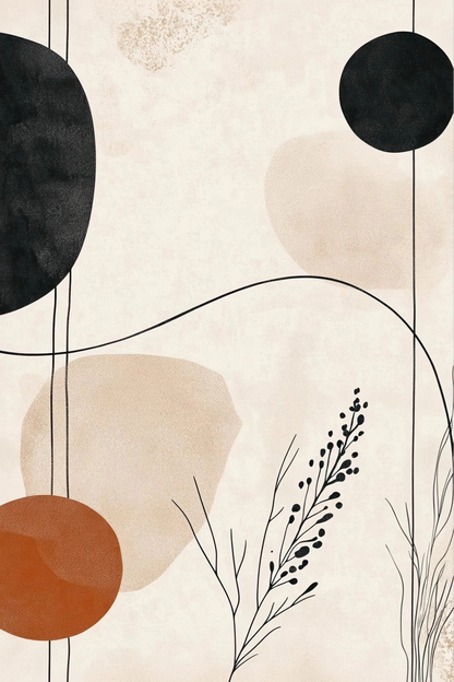 Minimalistisch kunstwerk met lijnen, cirkels en abstracte planten in aardetinten en zwart op lichte achtergrond

