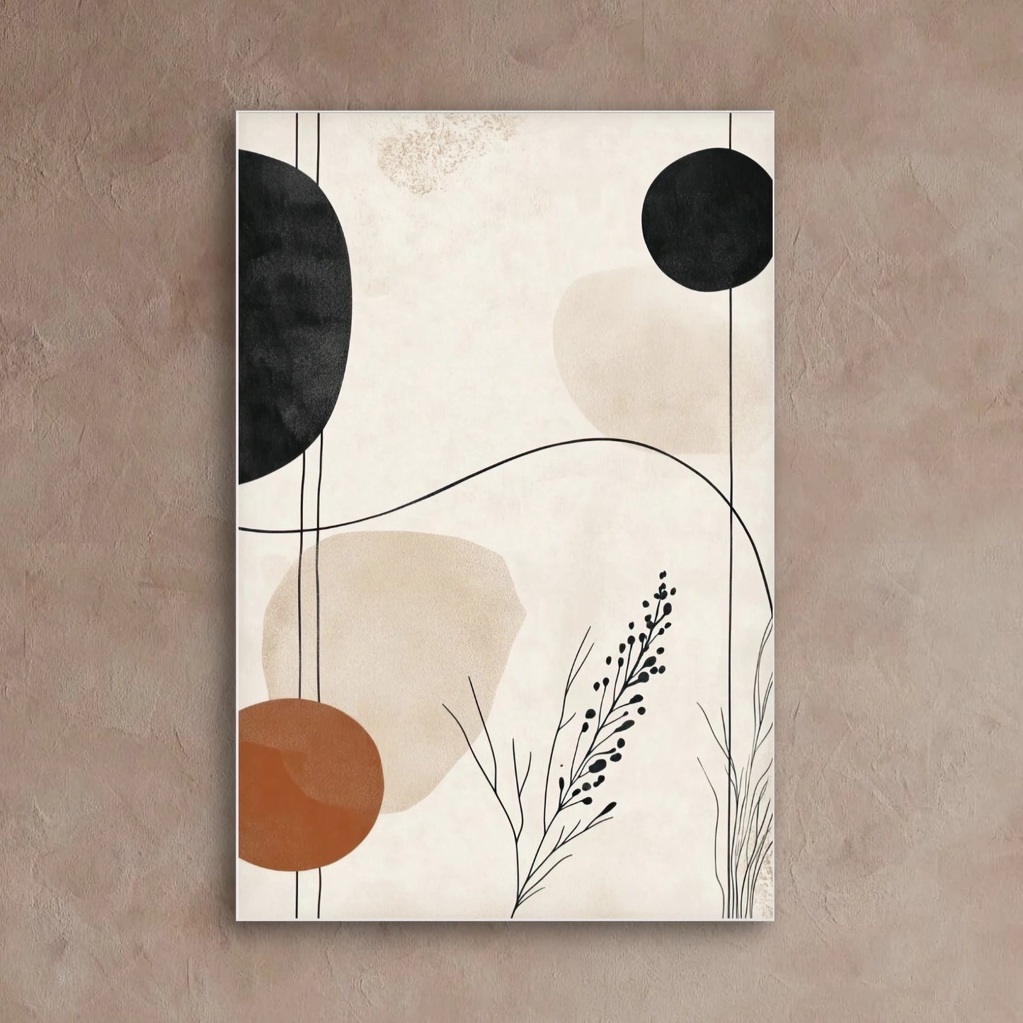 Detail van abstracte lijnen en kleurvlakken in zachte aardetinten met zwarte en oranje accenten
