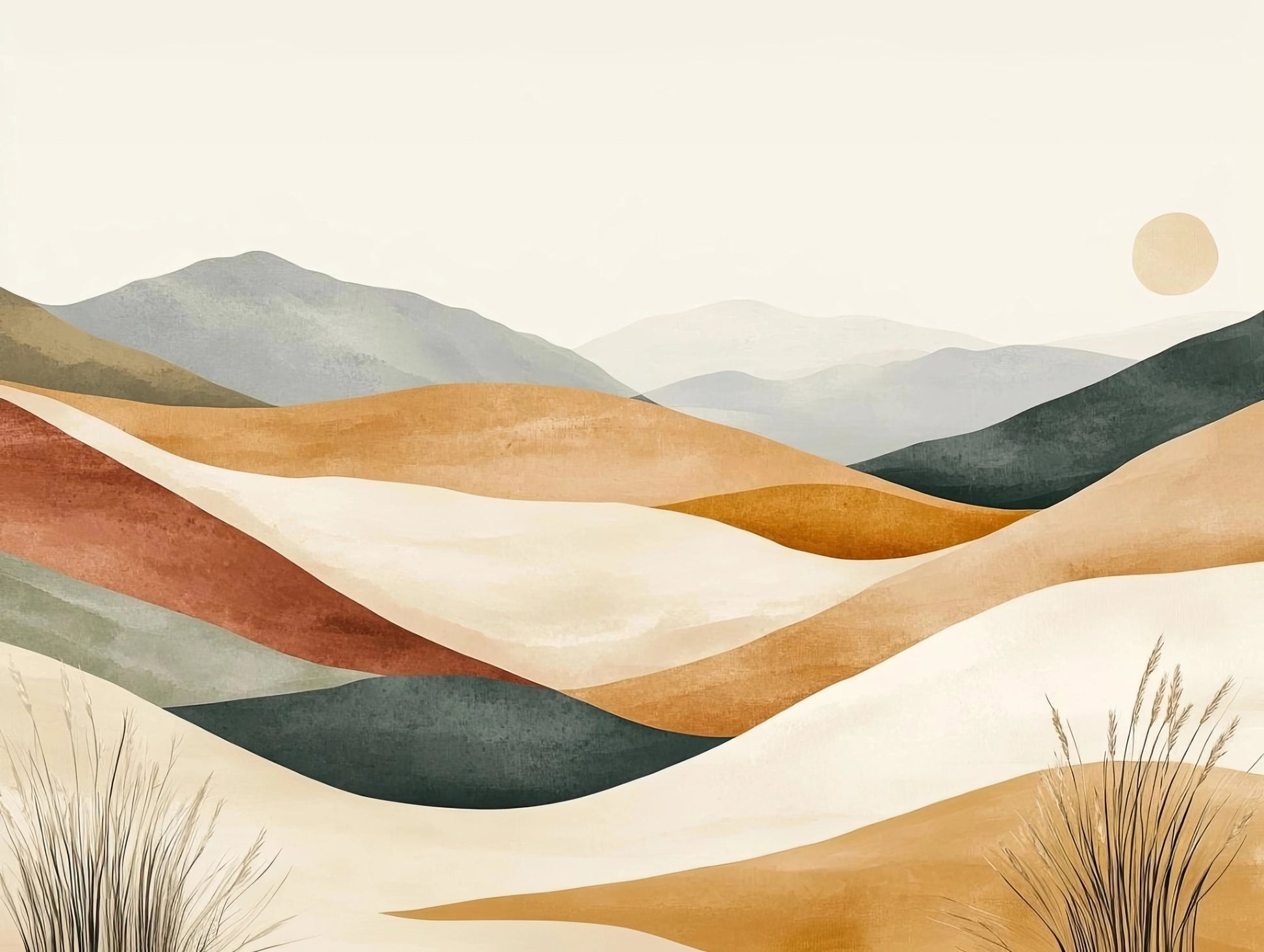 Abstract landschap in natuurlijke tinten met ronde heuvels en zachte kleurverlopen
