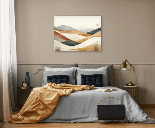 Minimalistisch landschapsschilderij boven een bed in warme aardetinten met moderne styling
