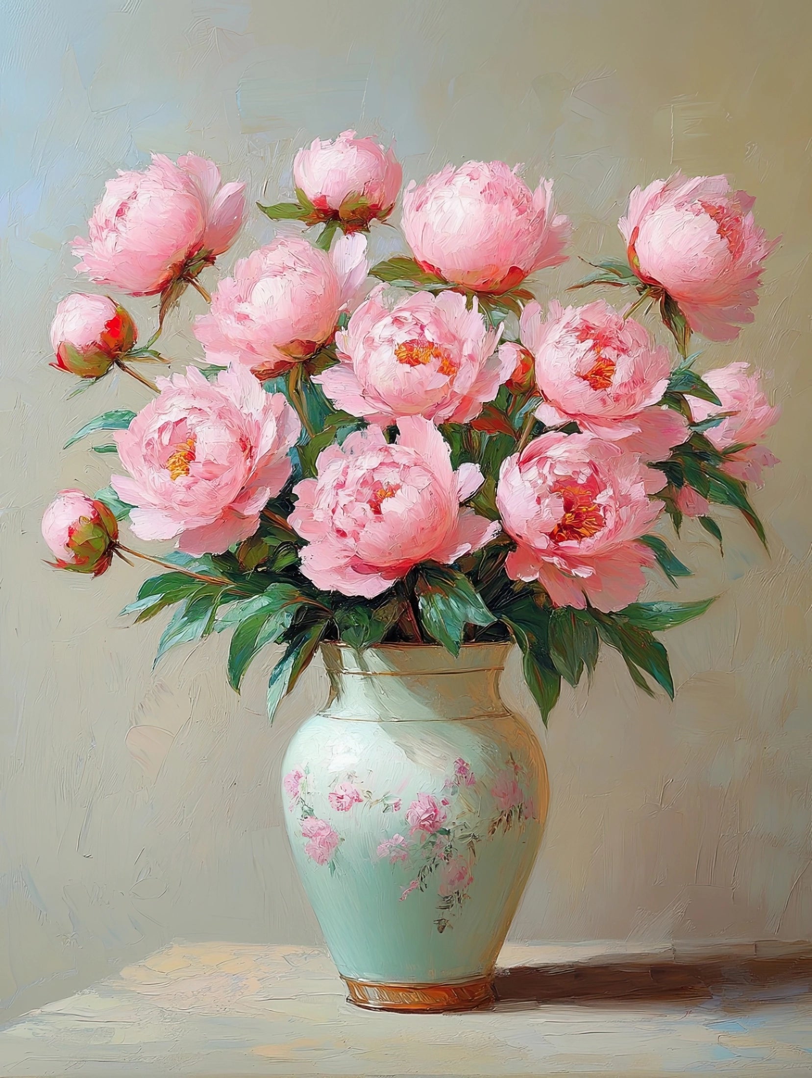 Volledige weergave van het kunstwerk “Zachtheid in Bloei” met pioenen in een lichtgroene vaas met roze bloemmotief
