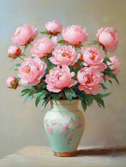 Volledige weergave van het kunstwerk “Zachtheid in Bloei” met pioenen in een lichtgroene vaas met roze bloemmotief
