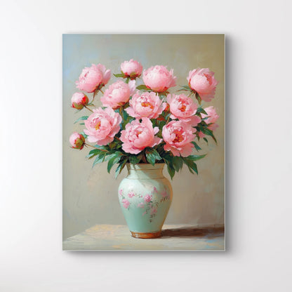 Detail van zachtroze pioenen in een groene sierlijke vaas uit het kunstwerk “Zachtheid in Bloei”
