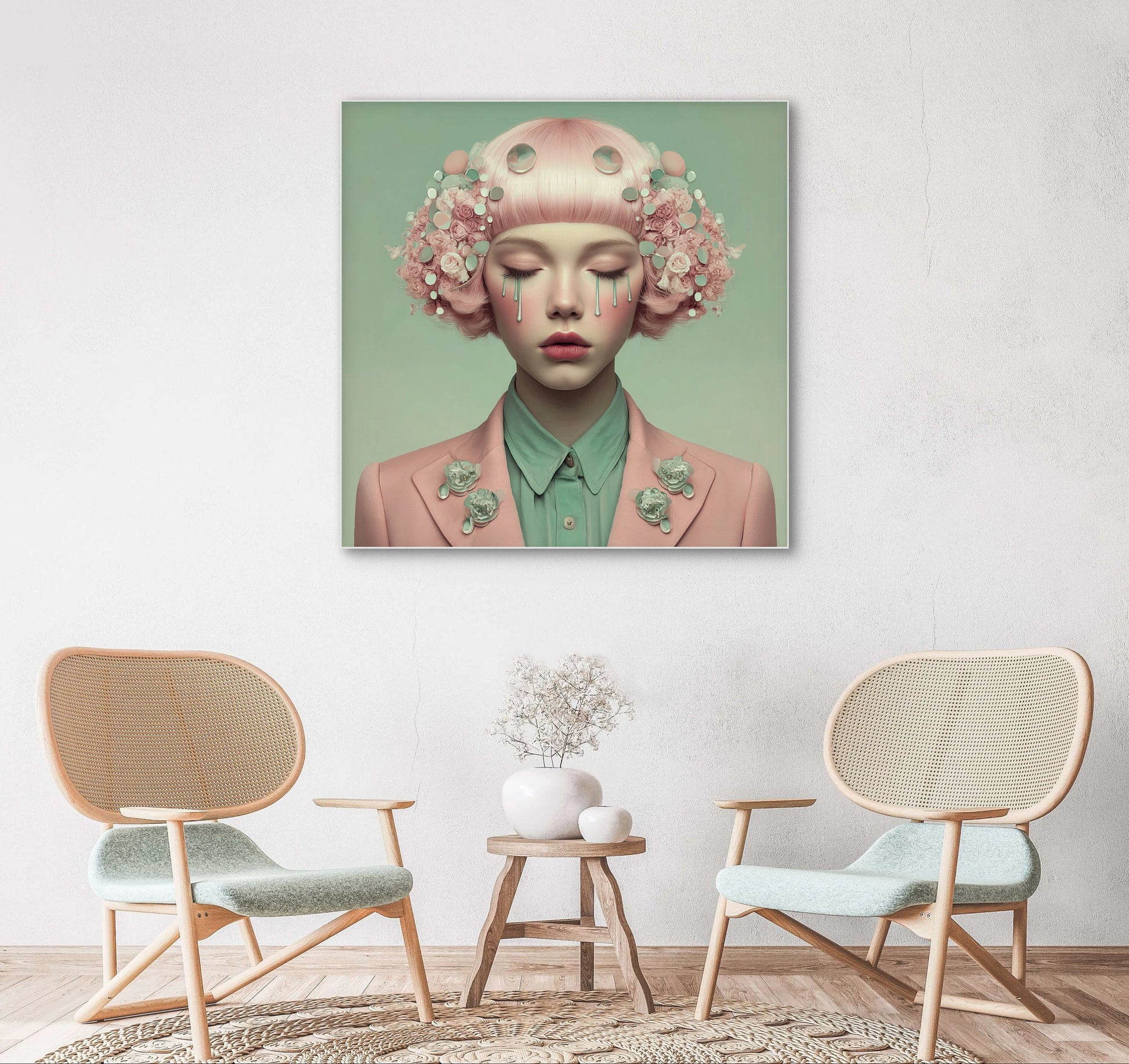 Zachtval wandkunst in licht interieur met pastelkleuren en serene uitstraling
