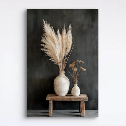 Detail van pampagras en droogbloemen in aardewerken vazen op houten tafel uit het kunstwerk “Zand & Stilte”
