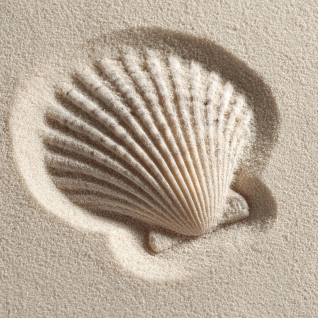 Zandfluistering, kunstwerk met schelp en zandstructuur
