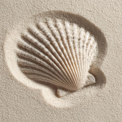 Zandfluistering, kunstwerk met schelp en zandstructuur
