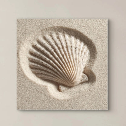 Detail van Zandfluistering, schelpafdruk met spel van licht en schaduw in zand
