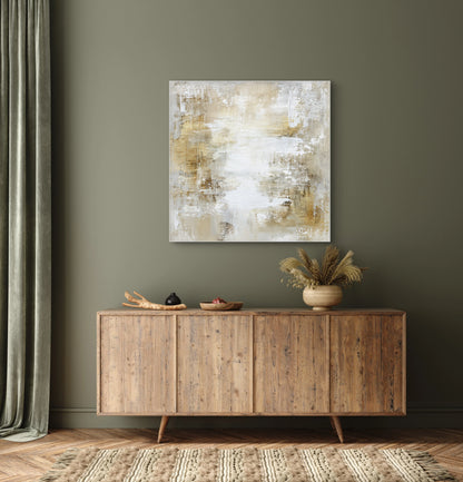 Abstract kunstwerk in zand en goud tonen boven houten dressoir met groene muur
