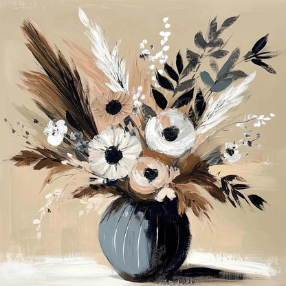 Volledige weergave van het kunstwerk â€œZand in Bloeiâ€ met vaas en wilde droogbloemen op een zandkleurige achtergrond
