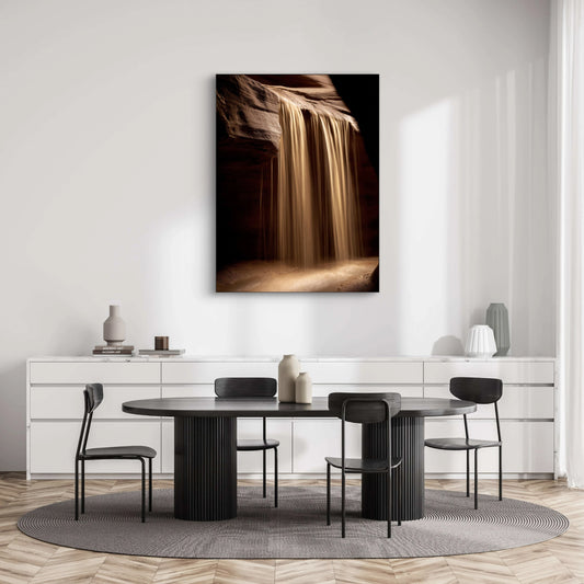 Fotokunstwerk van zandwaterval in warme tinten boven een eettafel met zwart onderstel
