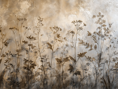 Botanisch wandkunstwerk met planten silhouetten in natuurlijke beige en bruine tinten
