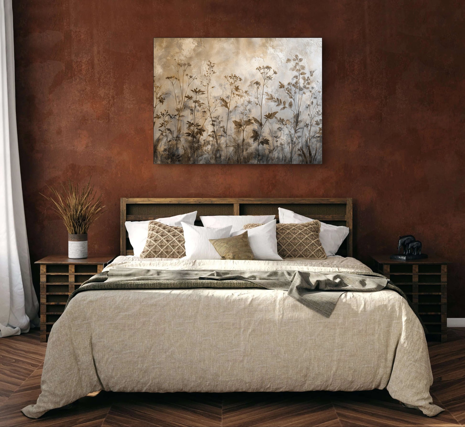 Botanisch kunstwerk in beige en bruine tinten boven een bed met linnen dekens en houten meubels
