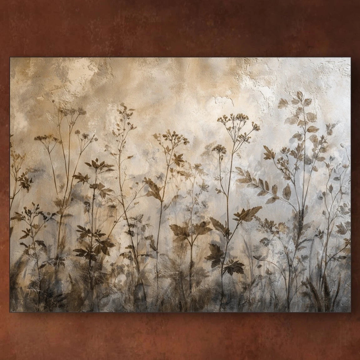 Detail van kunstwerk met fijne planten silhouetten in warme beige en bruine tinten
