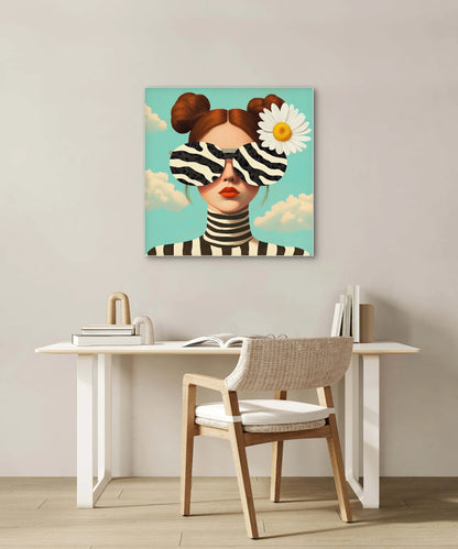 Textielkunstwerk Zebra Daydream boven wit bureau in Scandinavisch interieur met houten accenten
