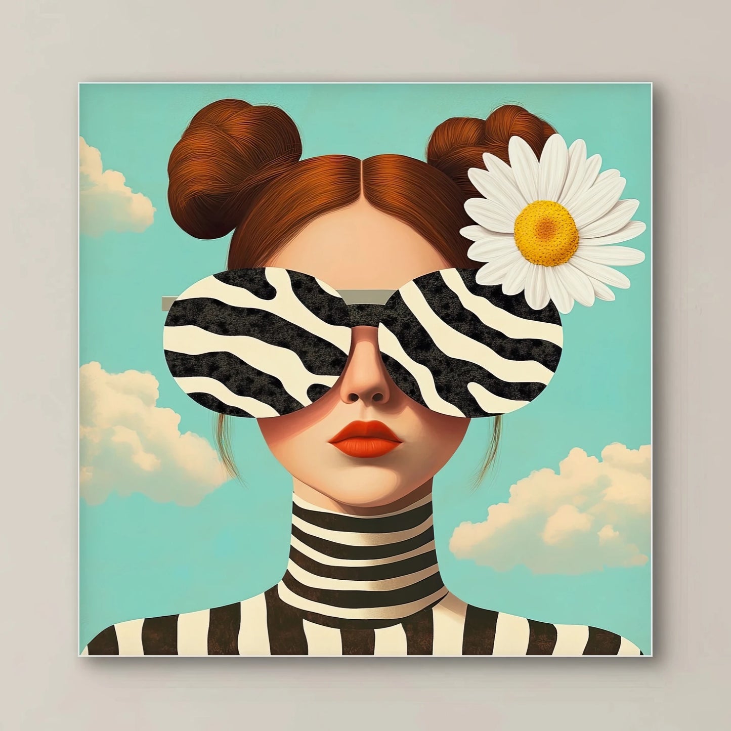 Detail van Zebra Daydream met vrouw, zebraprint zonnebril en witte bloem in haar
