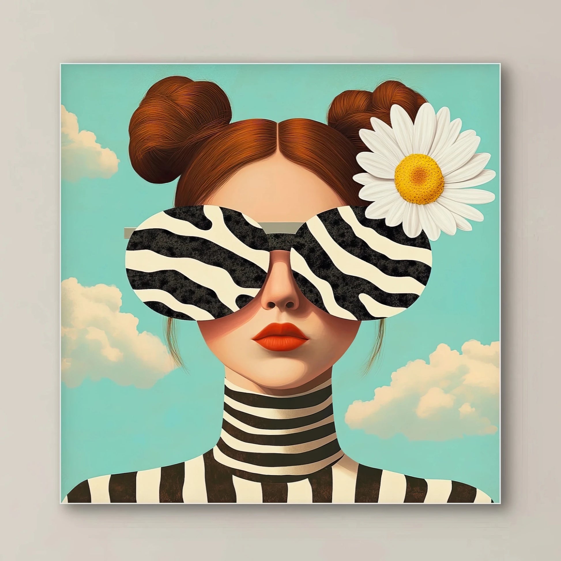 Detail van Zebra Daydream met vrouw, zebraprint zonnebril en witte bloem in haar
