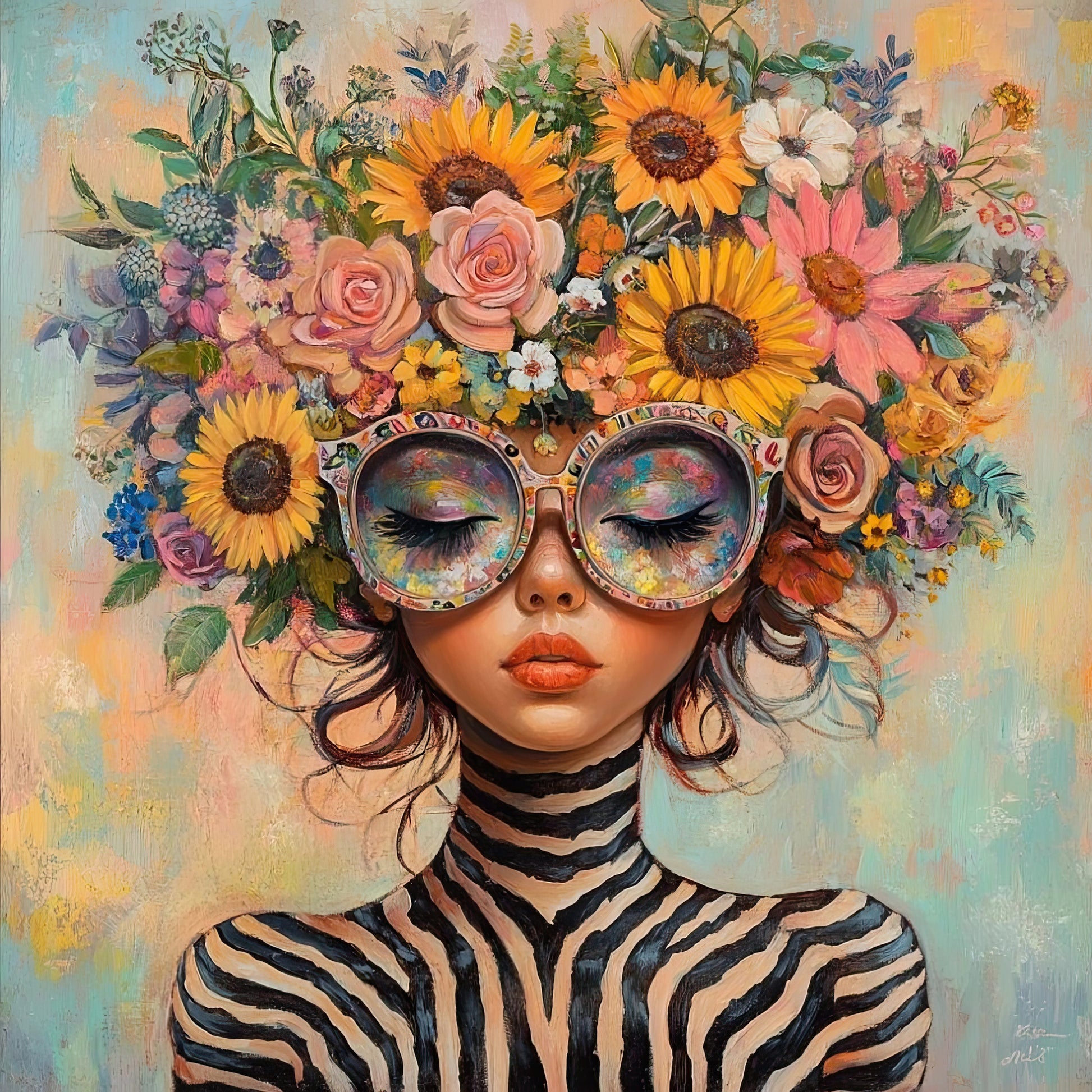 Volledige weergave van Zebrabloesem met vrouw in zebrapatroon en uitbundige bloemenkroon
