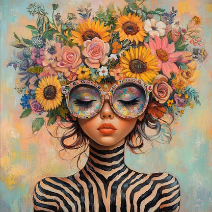 Volledige weergave van Zebrabloesem met vrouw in zebrapatroon en uitbundige bloemenkroon
