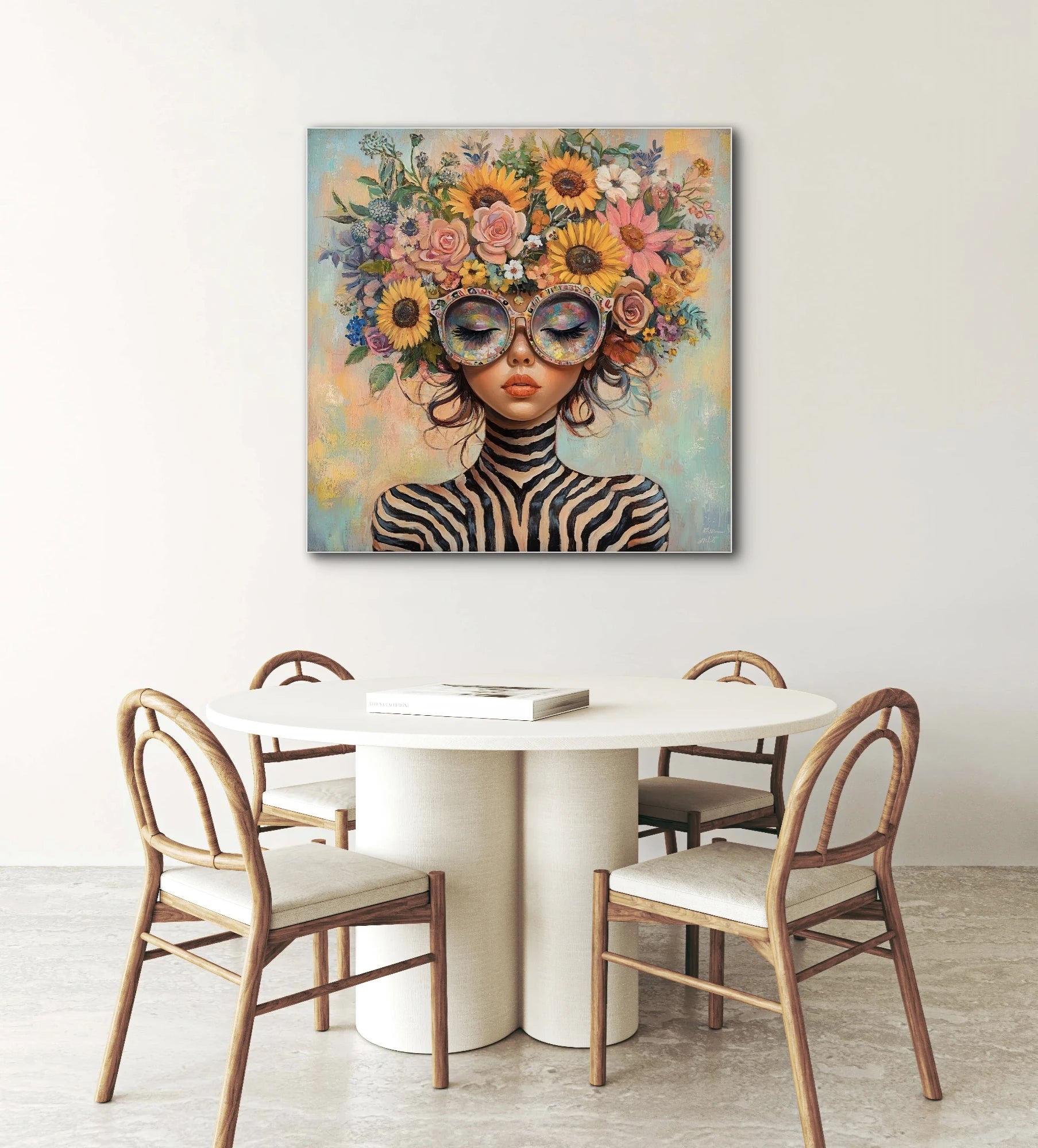 Textielkunstwerk Zebrabloesem boven eettafel met ronde stoelen in licht interieur
