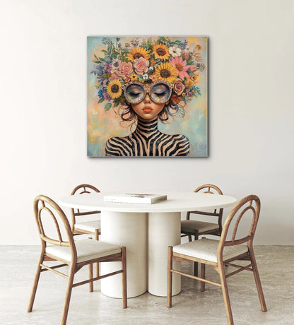 Textielkunstwerk Zebrabloesem boven eettafel met ronde stoelen in licht interieur
