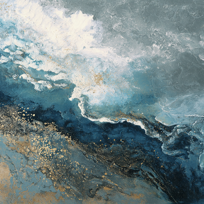 Abstracte compositie in blauw, wit en goud met oceaandiepte en verfijnde glans
