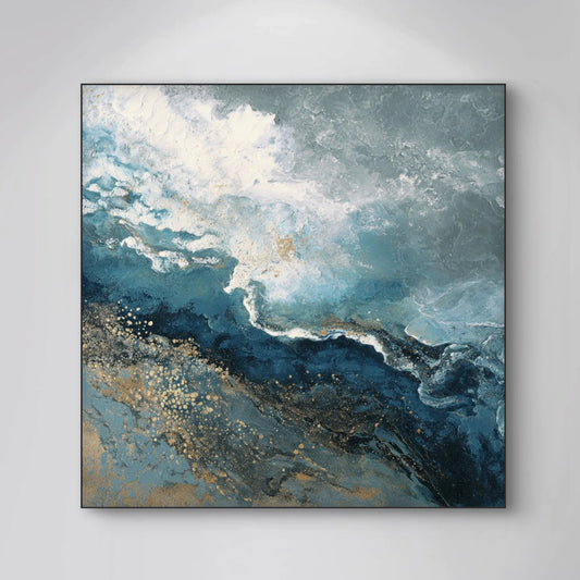 Detail van penseelstreken in blauw en goud met golvende textuur
